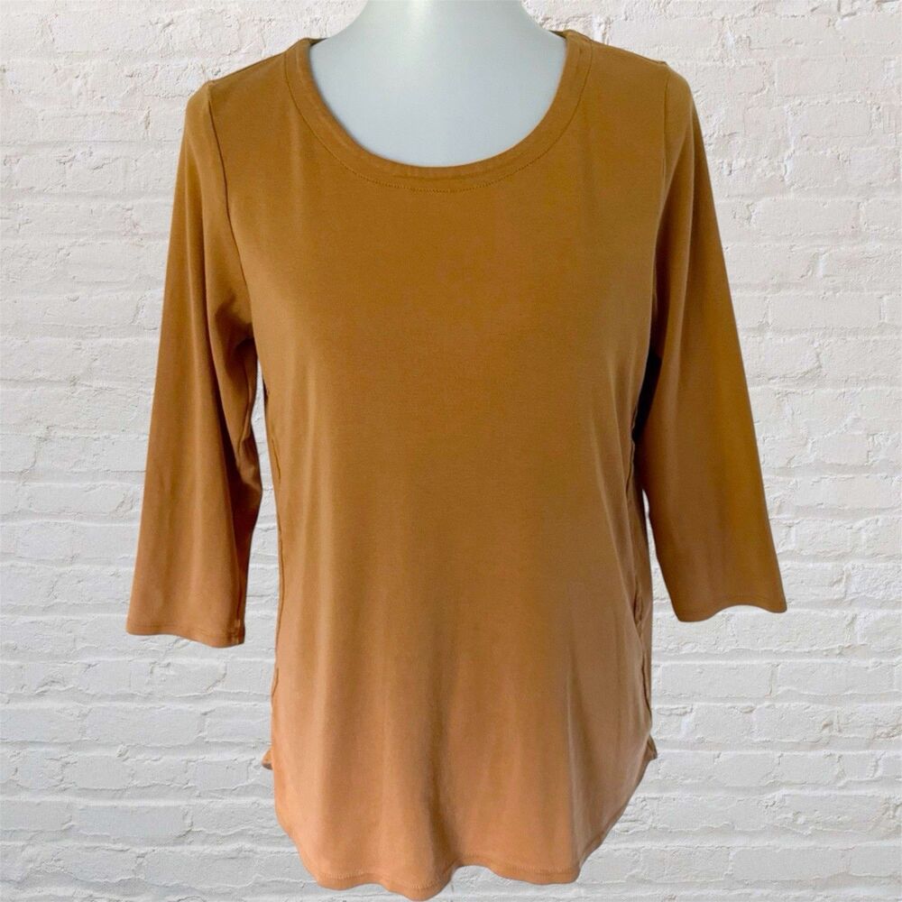 J Jill Top Tee Shirt M Scoop Neck 100% Pima Cotton 3/4 Sleeve Medium Brown